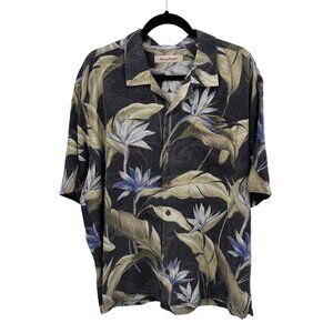 Tommy Bahama Button‎ Front Shirt Mens XL Gray Green Tropical Print Silk